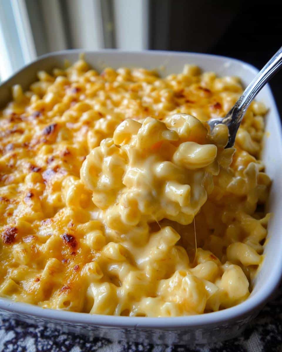 A spoonful of rich, cheesy Creamy Gluten-Free Mac and Cheese being lifted from a white baking dish.