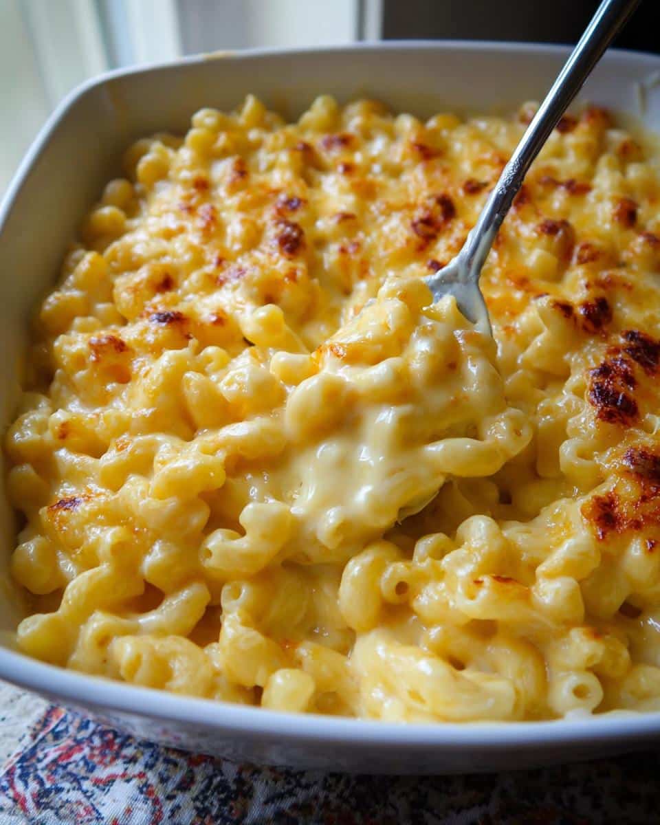 A spoonful of rich, creamy gluten-free mac and cheese being lifted from a white baking dish.