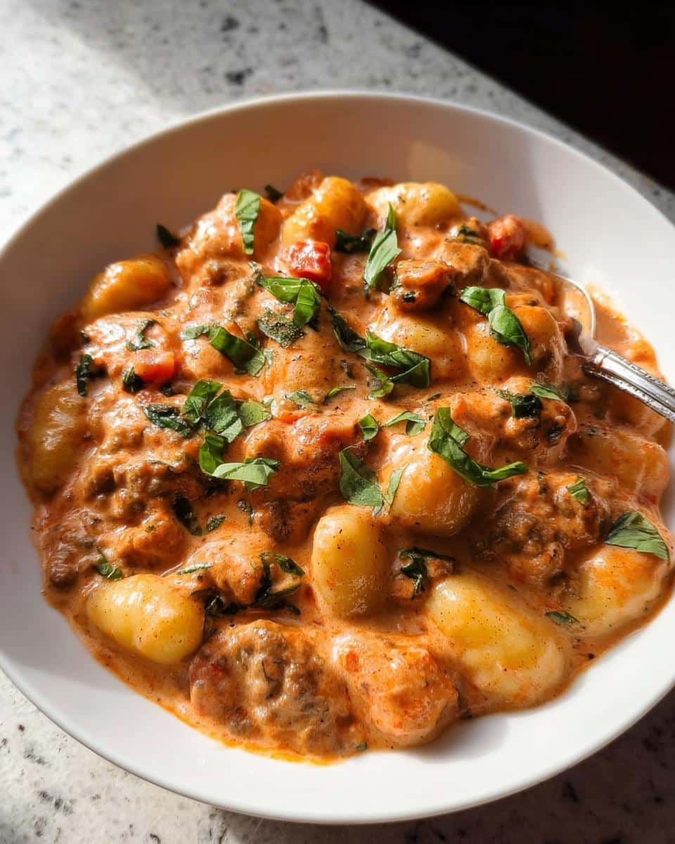 Close-up of a bowl filled with Creamy Gnocchi Dinner, topped with fresh basil.