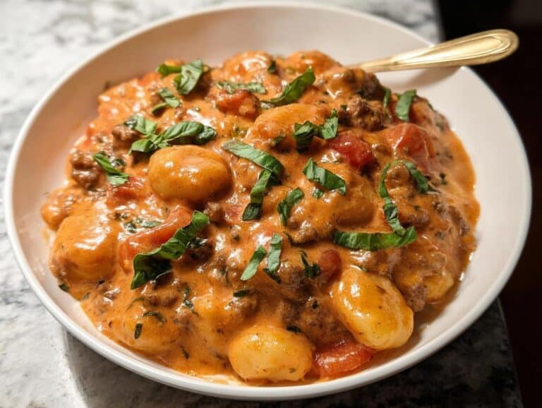 Close-up of a bowl filled with Creamy Gnocchi Dinner featuring gnocchi, meat, tomatoes, and fresh basil garnish.