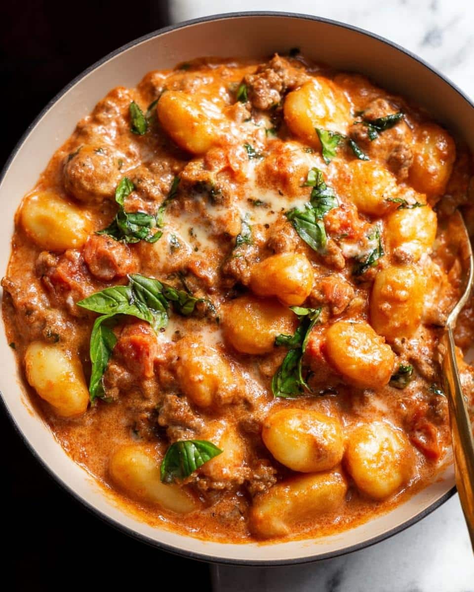 A close-up overhead shot of a bowl filled with a rich, orange-red sauce containing plump gnocchi, ground meat, and fresh basil, ready for a Creamy Gnocchi Dinner.