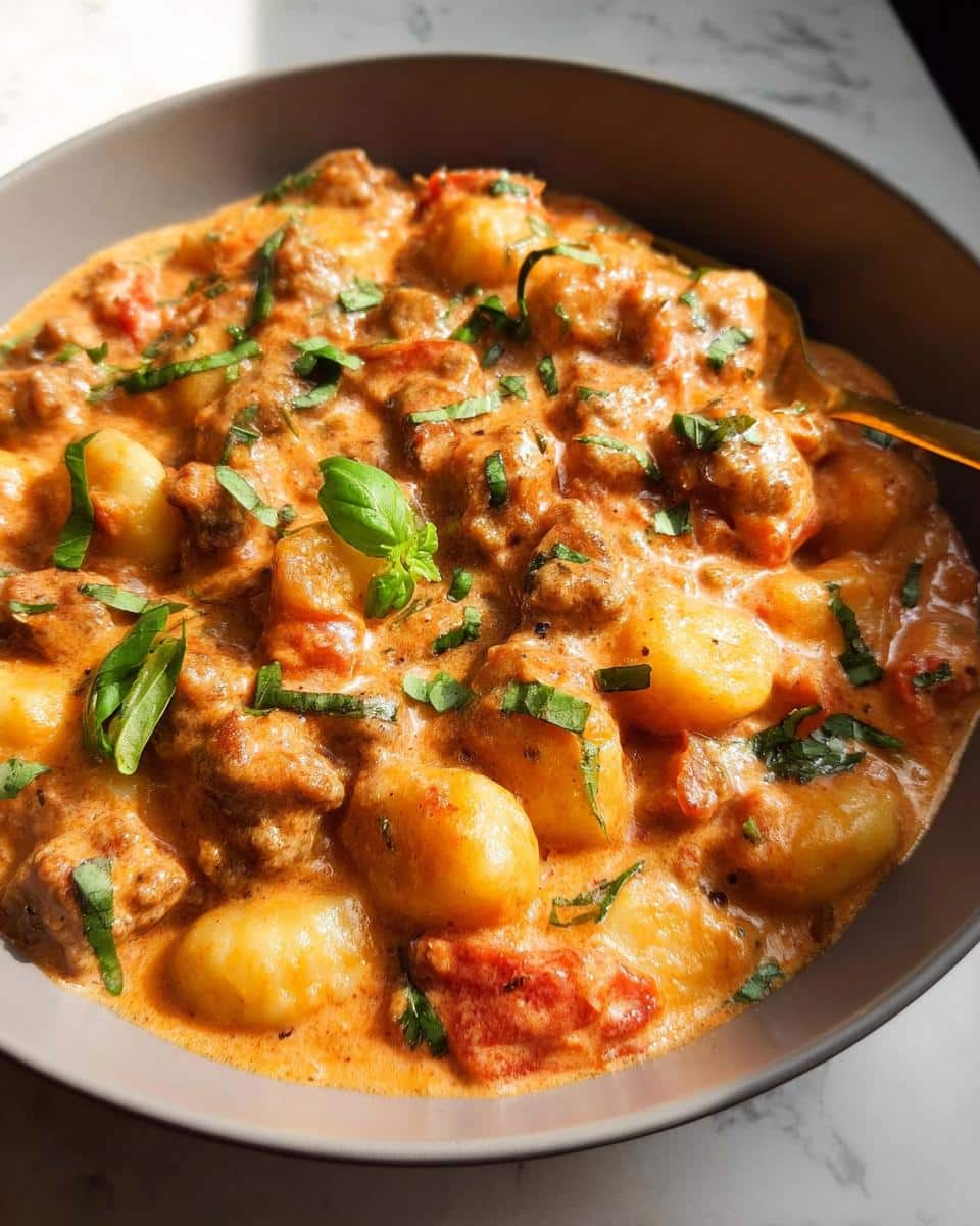 Close-up of a bowl filled with a rich, orange-hued sauce containing gnocchi and meat, garnished with fresh basil for a Creamy Gnocchi Dinner.