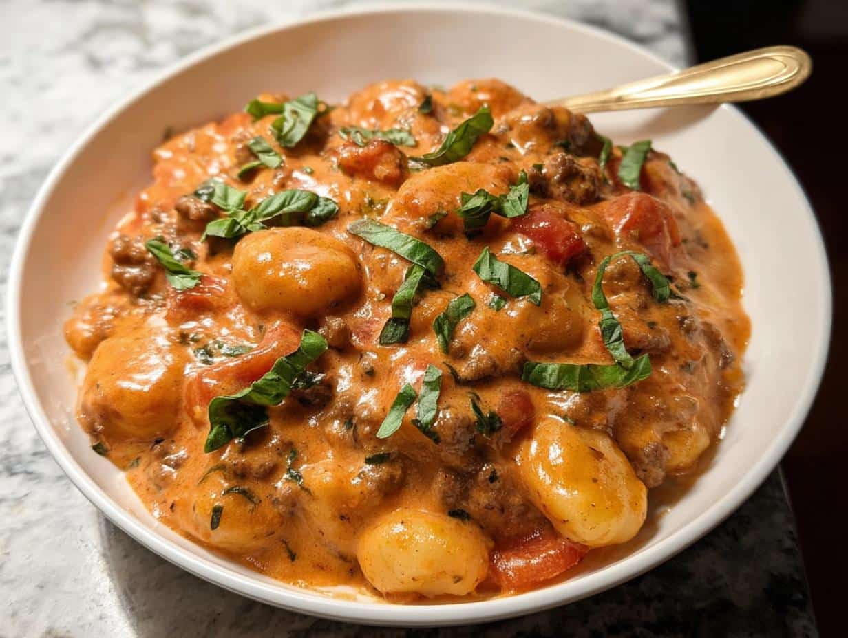Close-up of a bowl filled with Creamy Gnocchi Dinner featuring gnocchi, meat, tomatoes, and fresh basil garnish.