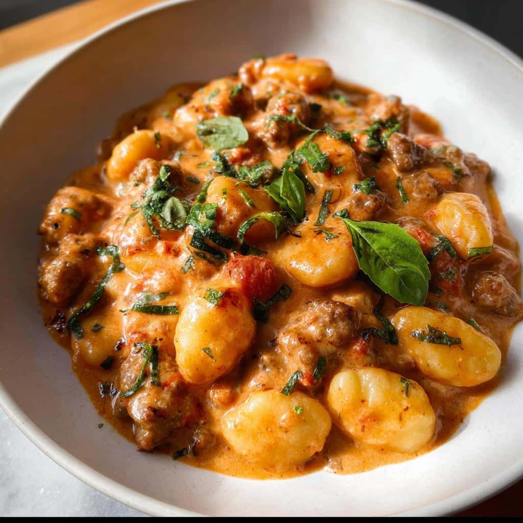 Close-up of a bowl filled with a rich, creamy gnocchi dinner featuring sausage and fresh basil.