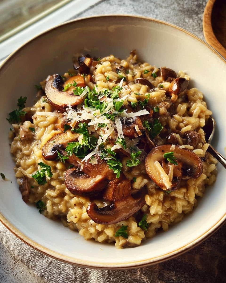 Close-up of a bowl of rich Creamy Mushroom Risotto topped with sautéed mushrooms and grated Parmesan.