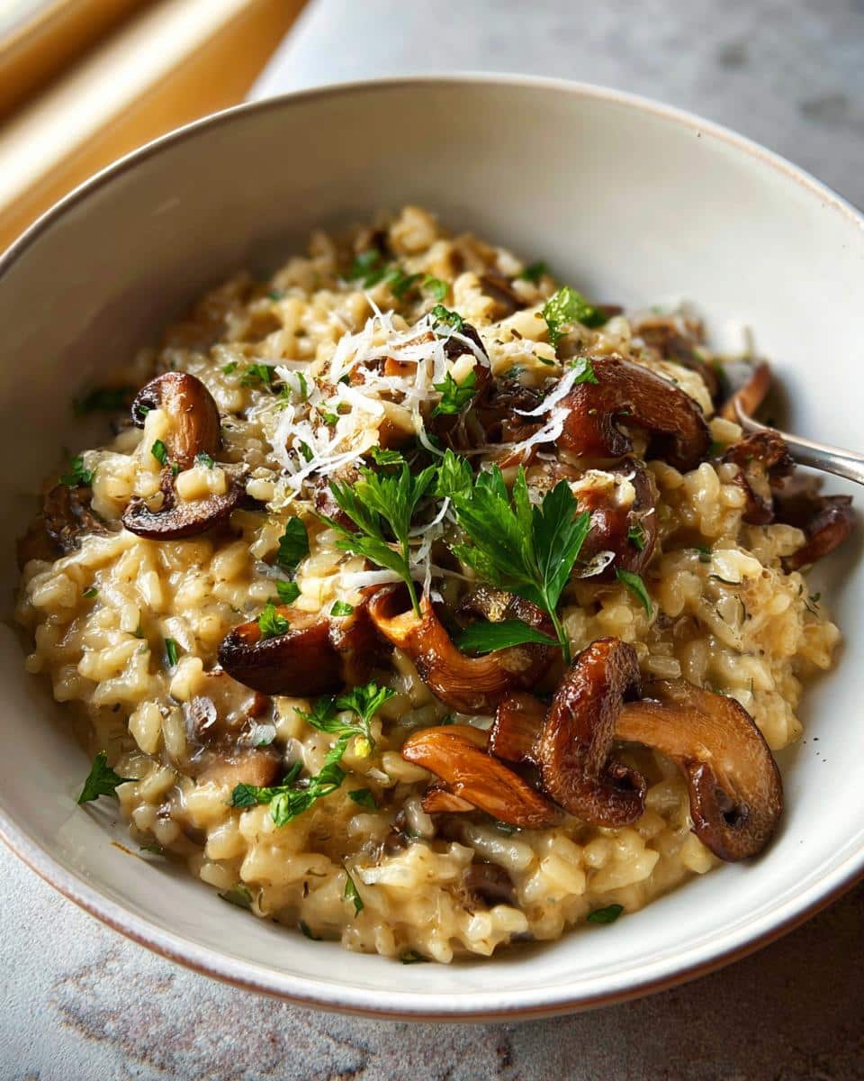 A close-up of a bowl of Creamy Mushroom Risotto topped with sautéed mushrooms, fresh parsley, and grated Parmesan cheese.