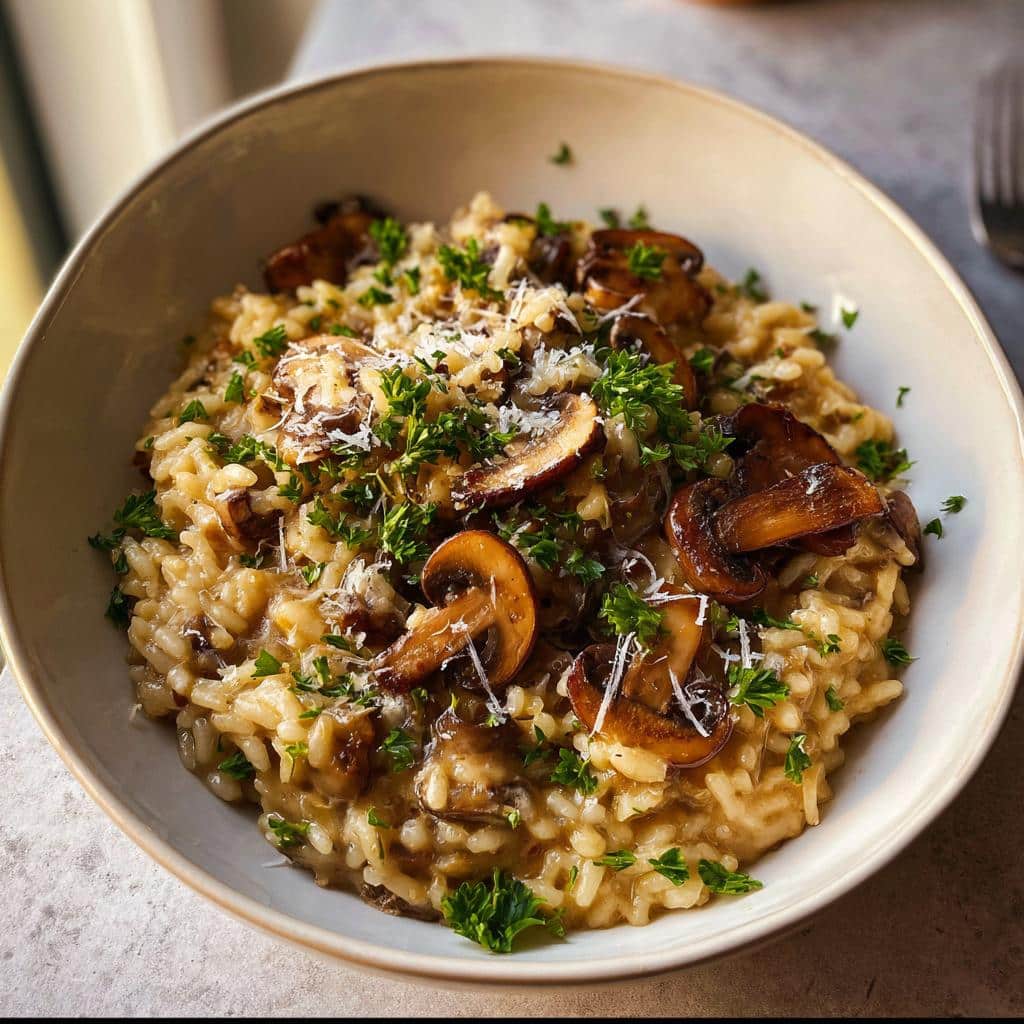 A close-up of rich, creamy mushroom risotto topped with sautéed mushrooms, parsley, and grated cheese.
