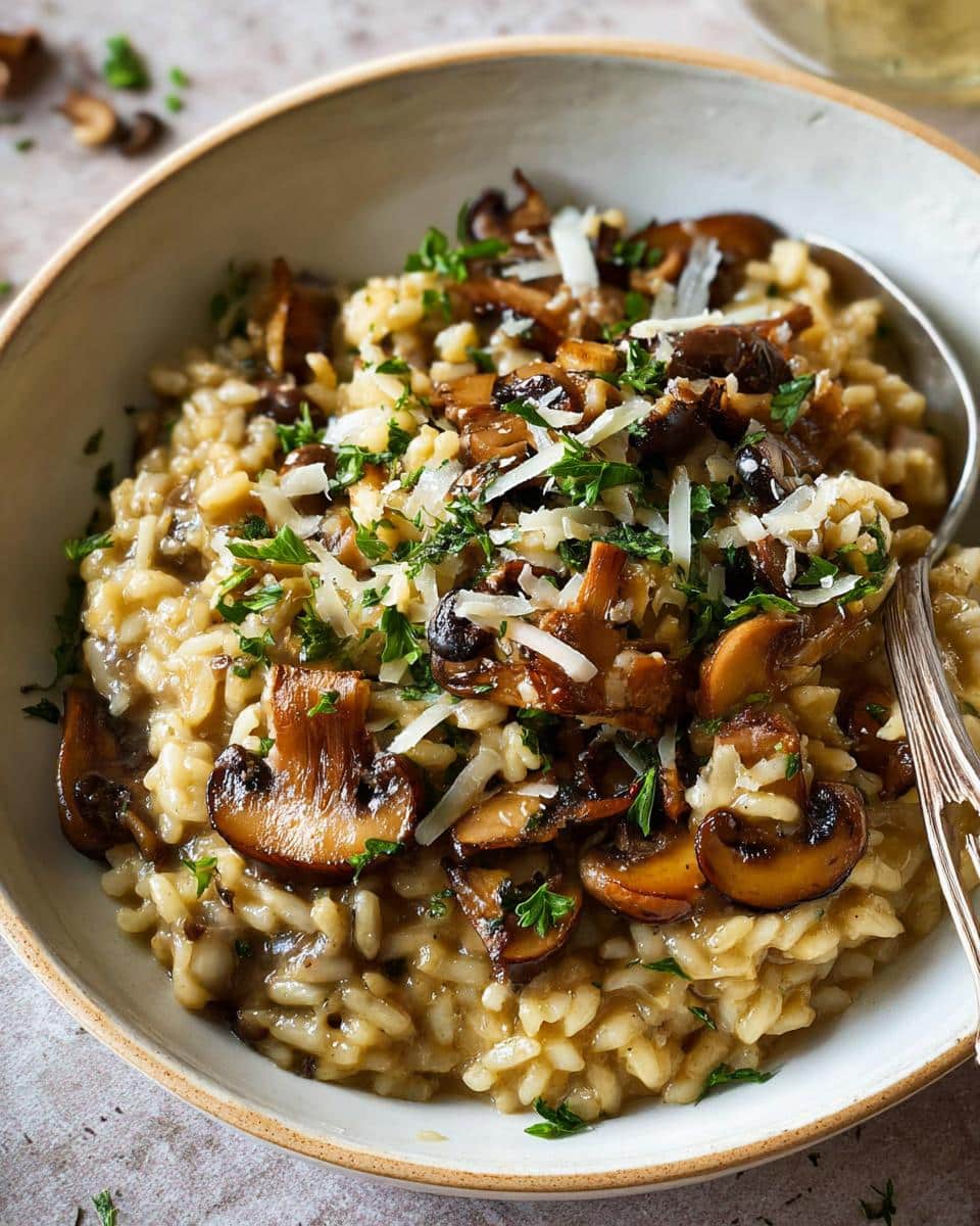 Close-up of a bowl of rich, creamy mushroom risotto topped with sautéed mushrooms, grated Parmesan, and fresh parsley.