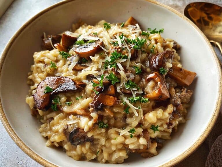 A close-up of a rich, creamy mushroom risotto topped with sautéed mushrooms, grated Parmesan, and fresh parsley.