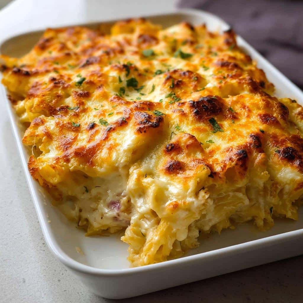 A close-up of a freshly baked Creamy Pasta Bake with a bubbly, golden-brown cheese crust, served in a white dish.