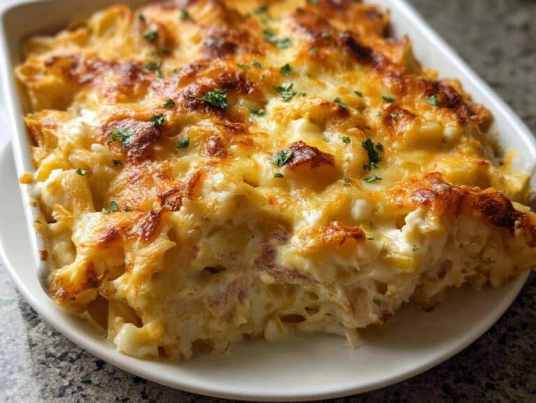 A close-up of a freshly baked Creamy Pasta Bake with a golden, bubbly cheese topping and fresh parsley.
