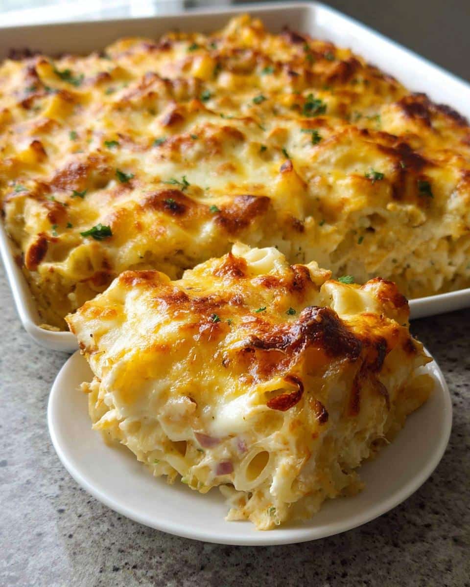 A generous serving of Creamy Pasta Bake, featuring a golden, bubbly cheese crust, served on a small white plate.