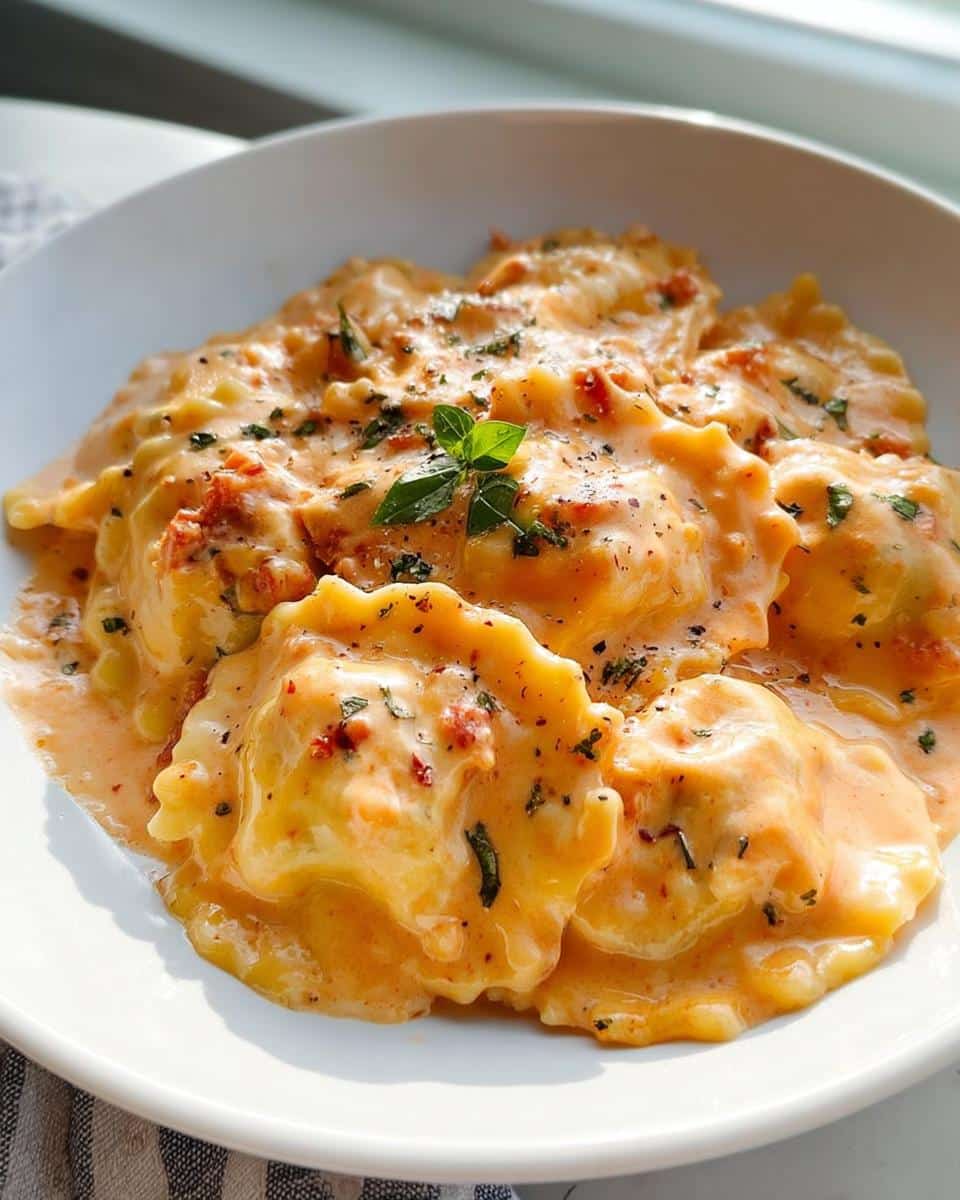 Close-up of a white bowl filled with rich, orange-hued Creamy Ravioli Dinner, garnished with herbs.