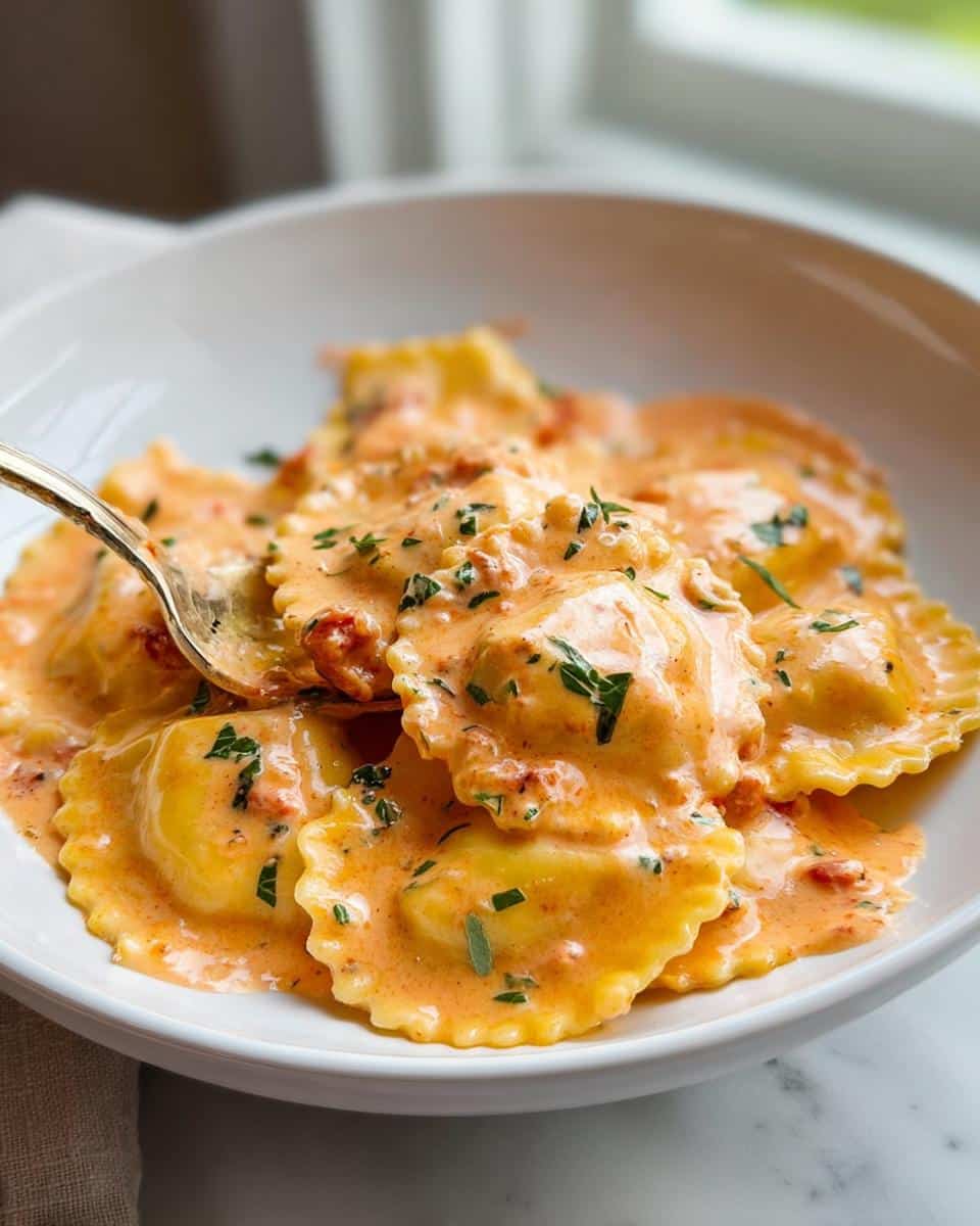 Close-up of a white bowl filled with Creamy Ravioli Dinner coated in a rich, orange-hued sauce and topped with fresh herbs.
