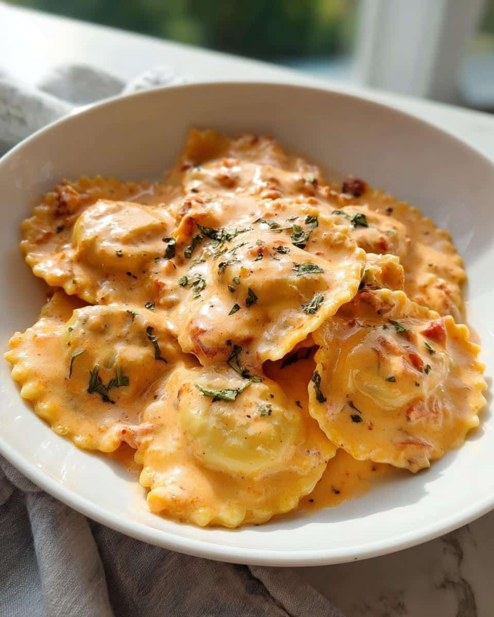 Close-up of ravioli swimming in a rich, orange, creamy sauce, garnished with herbs, ready for a Creamy Ravioli Dinner.