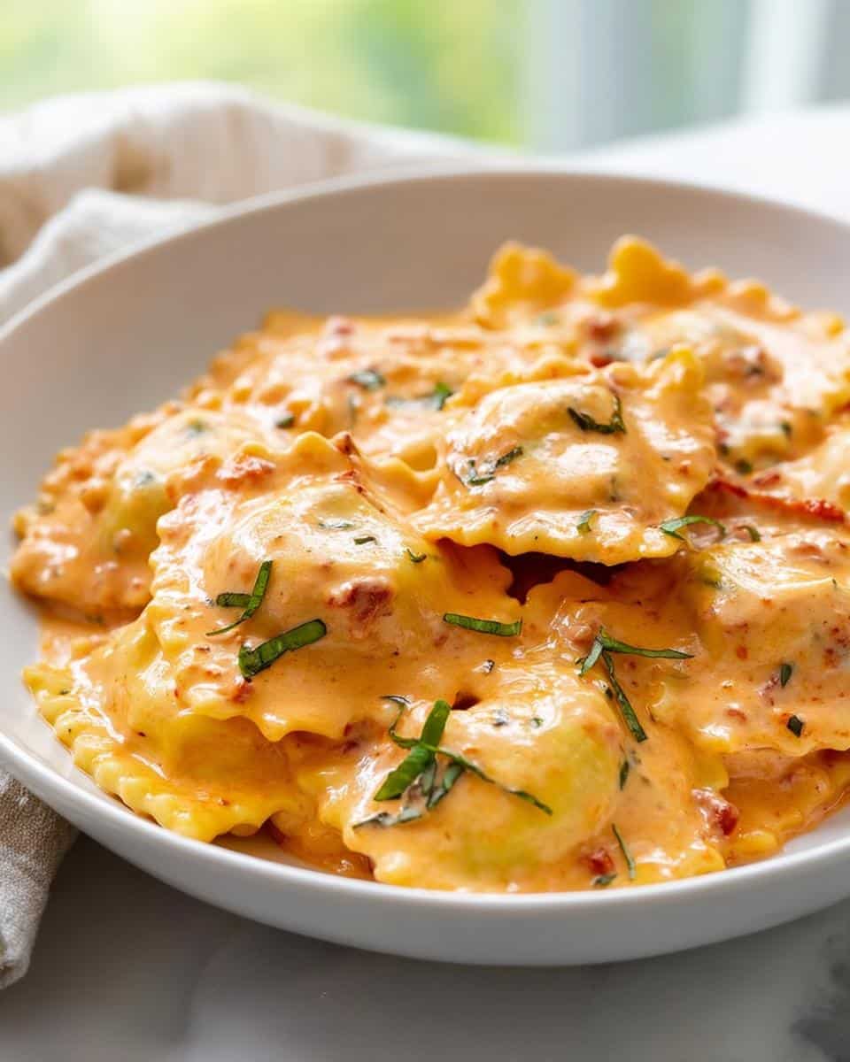 A close-up shot of delicious Creamy Ravioli Dinner covered in a rich, orange-hued sauce and garnished with fresh basil.