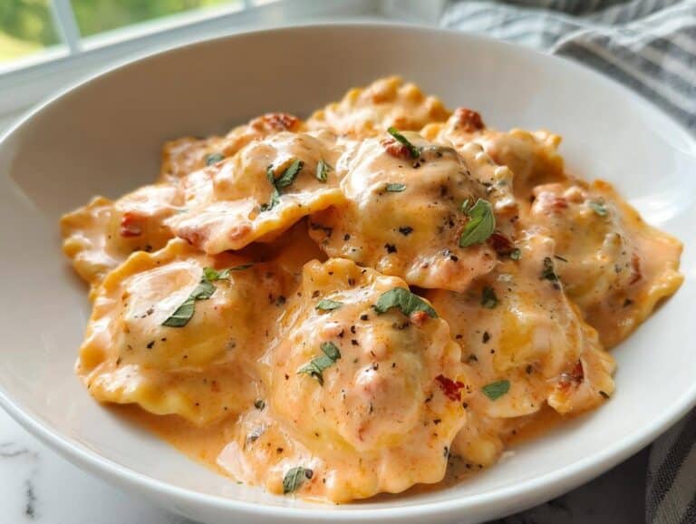 A close-up view of ravioli smothered in a rich, orange-hued creamy sauce, garnished with fresh herbs, part of a Creamy Ravioli Dinner.