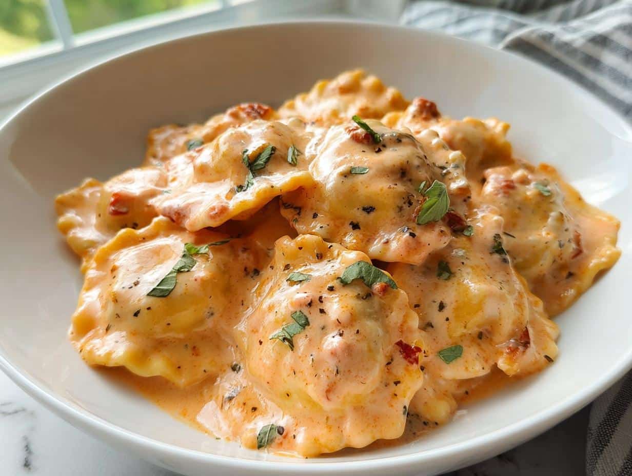 A close-up view of ravioli smothered in a rich, orange-hued creamy sauce, garnished with fresh herbs, part of a Creamy Ravioli Dinner.