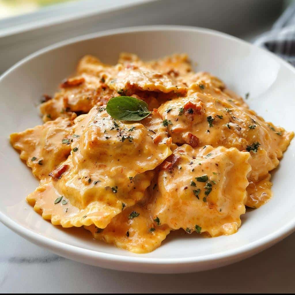 Close-up of a white bowl filled with a delicious Creamy Ravioli Dinner, topped with herbs.