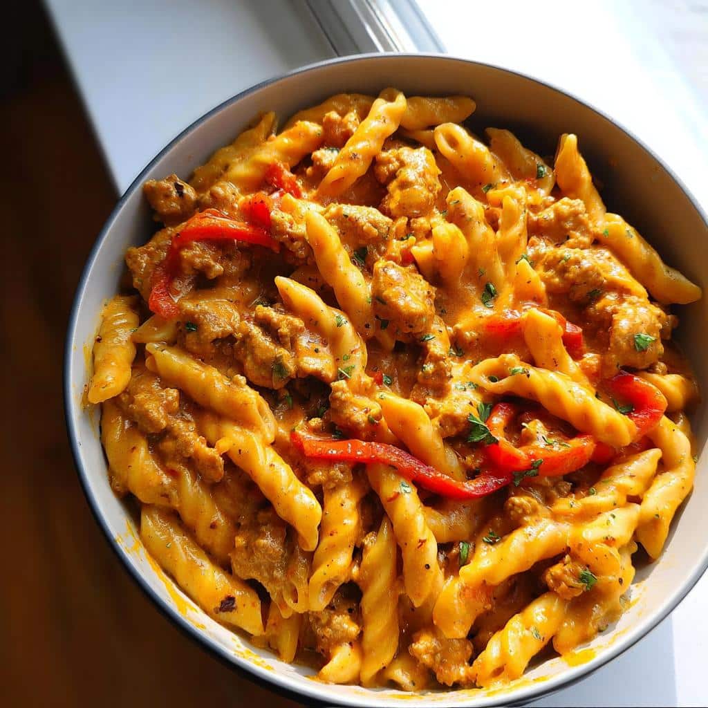 A close-up, overhead shot of a bowl filled with creamy sausage pasta, featuring rotini noodles and bright red pepper slices.