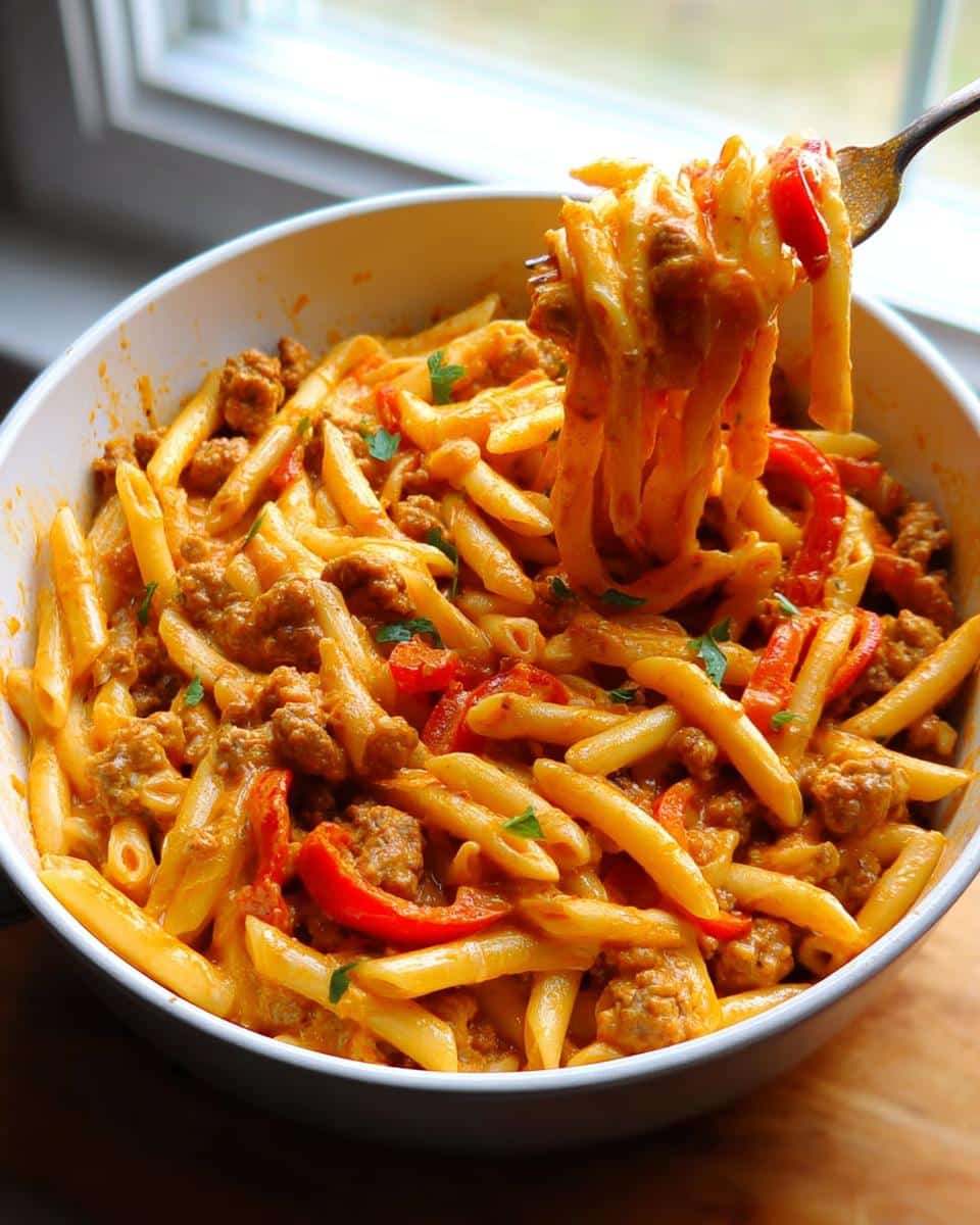 A fork lifting a bite of rich, creamy sausage pasta mixed with red peppers from a white bowl.
