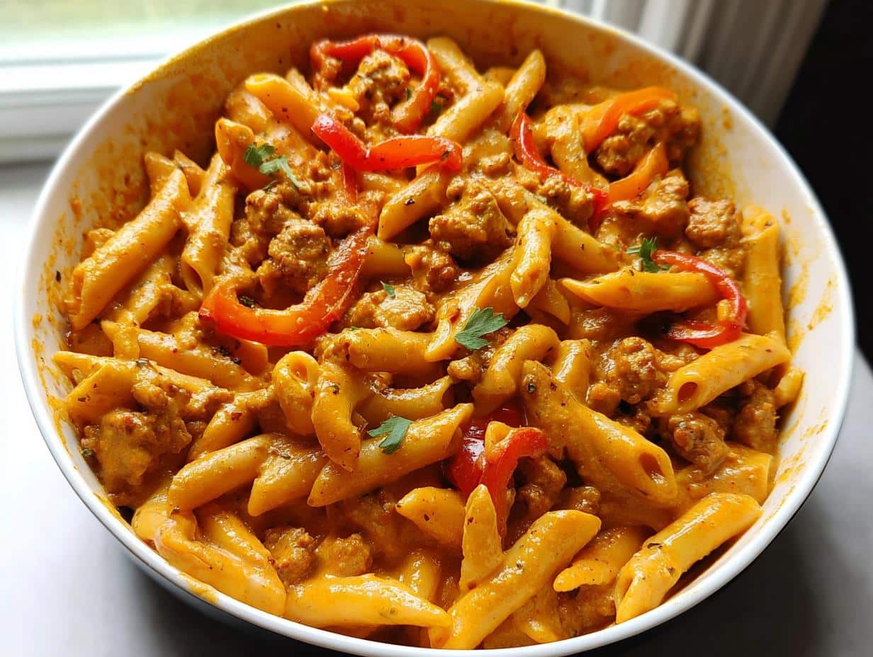 A close-up of a white bowl filled with rich, orange-hued Creamy Sausage Pasta featuring penne, crumbled sausage, and sliced red bell peppers.