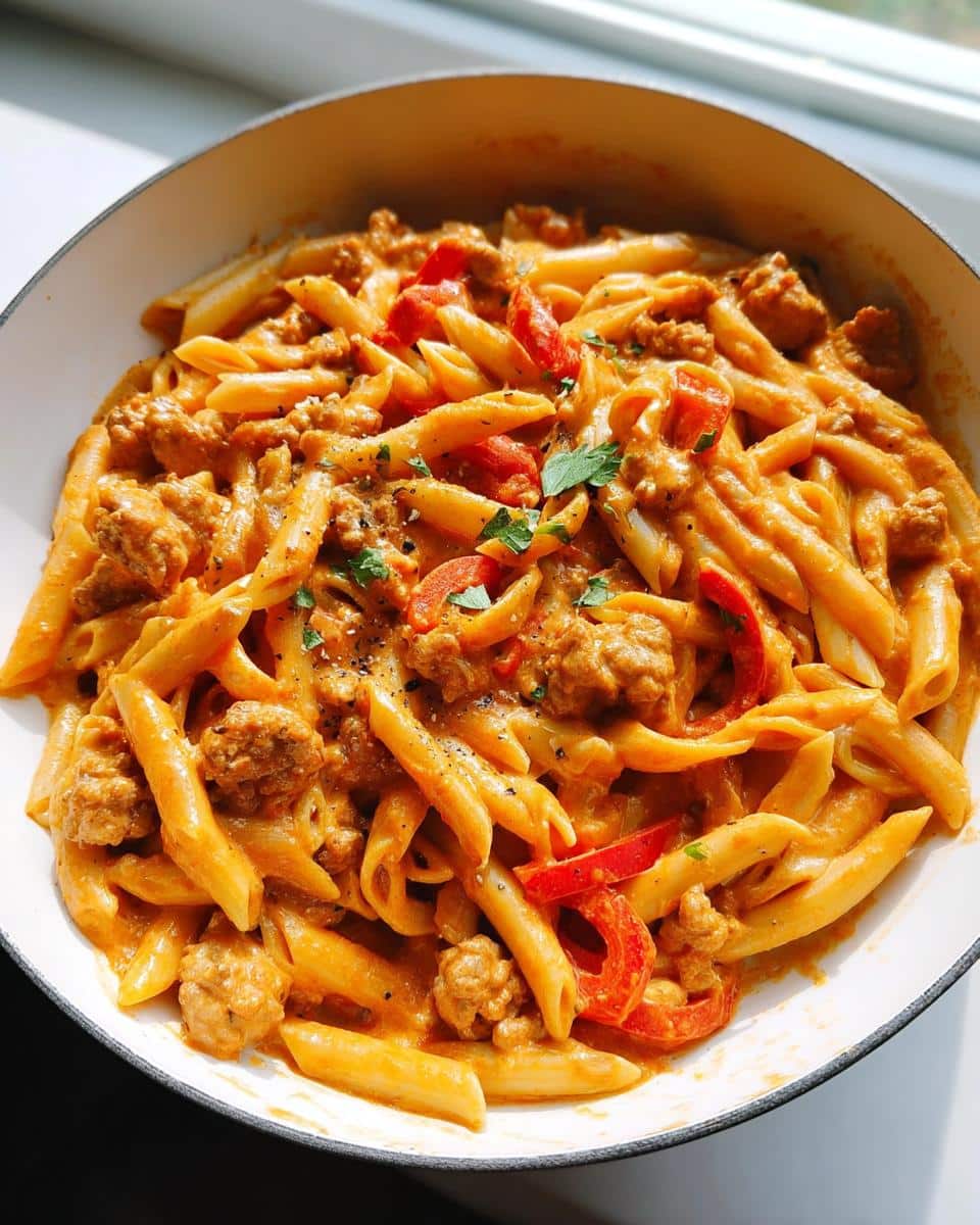 Close-up overhead shot of rich Creamy Sausage Pasta featuring penne, sausage crumbles, and red peppers in a white pot.