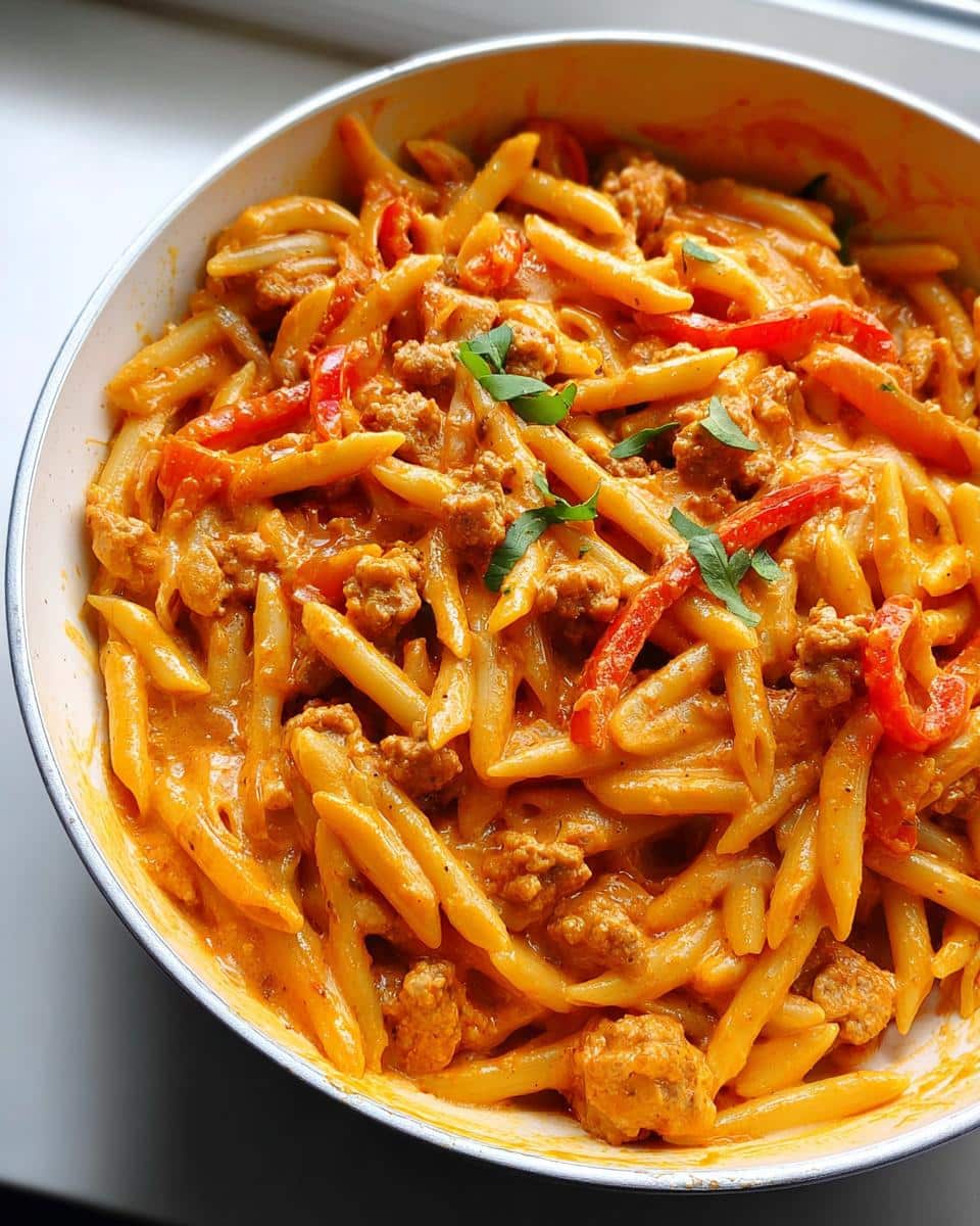 A skillet filled with piping hot Creamy Sausage Pasta featuring penne, ground sausage, and red bell peppers, garnished with parsley.