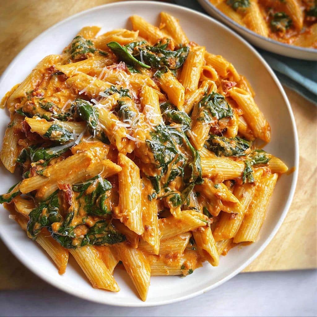 A close-up shot of penne pasta coated in a rich, orange-hued sauce with wilted spinach, representing the Creamy Spinach Pasta.