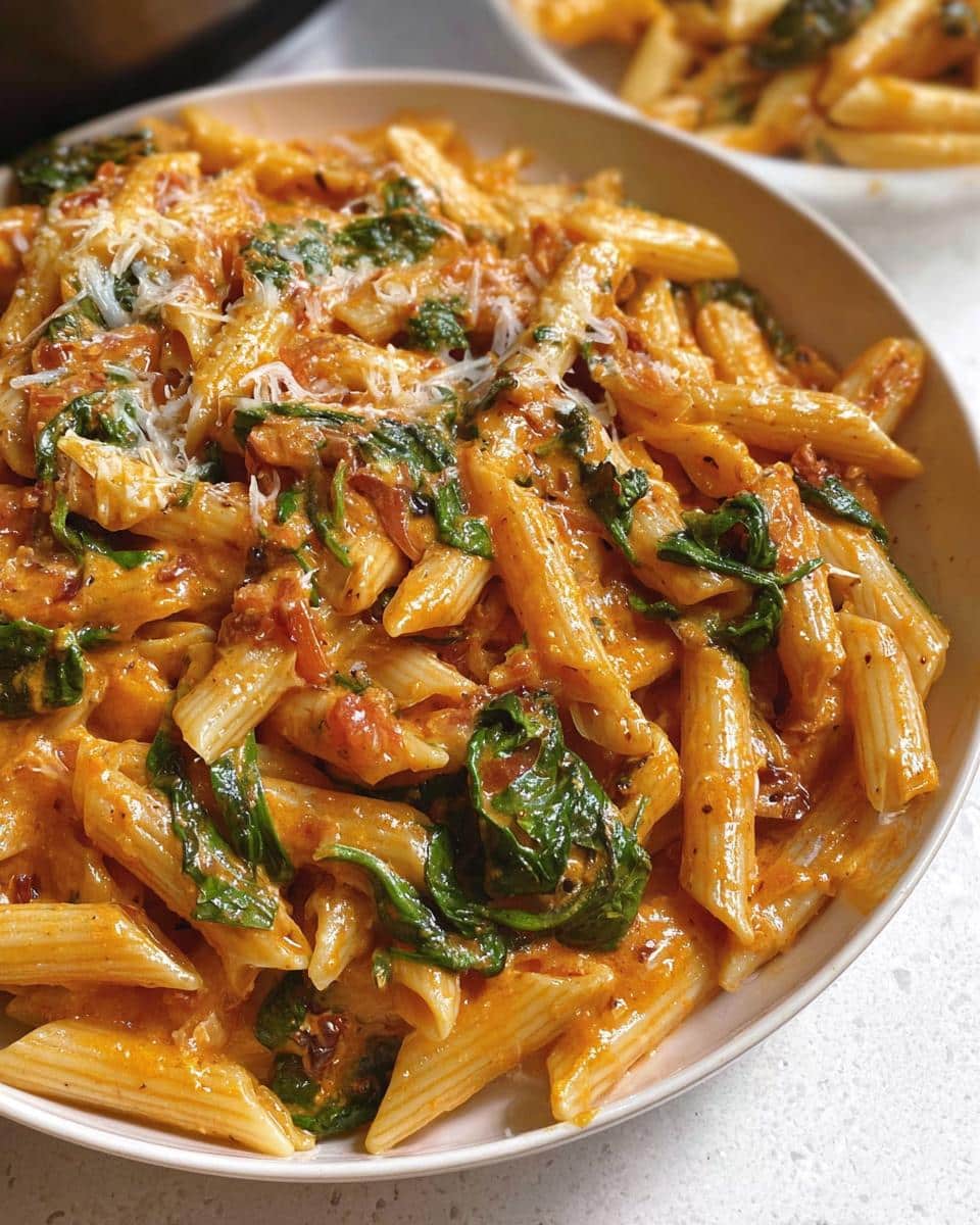 A close-up shot of a bowl filled with rich, orange-hued Creamy Spinach Pasta, topped with grated cheese.