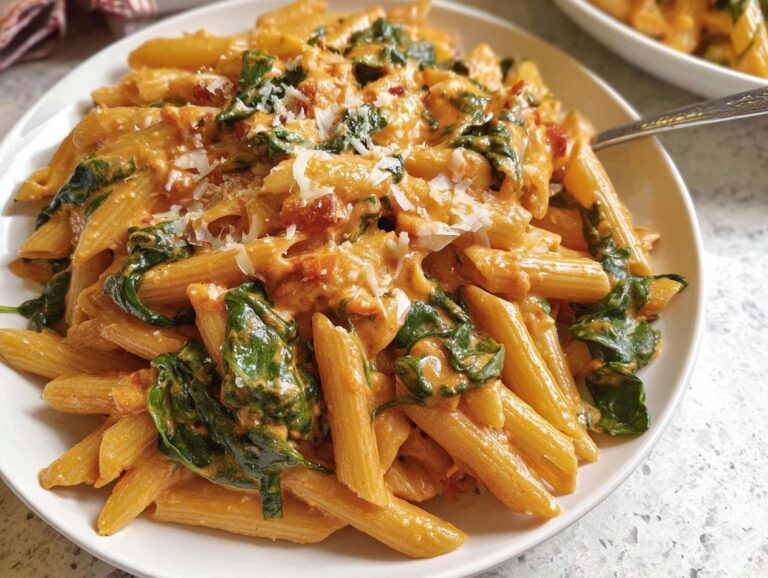 A close-up shot of a serving of Creamy Spinach Pasta made with penne, rich orange sauce, and wilted spinach, topped with grated cheese.