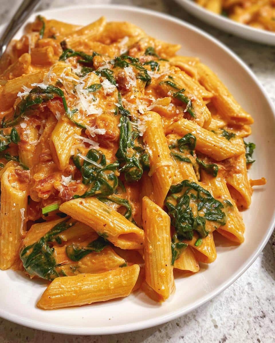 A close-up shot of penne pasta coated in a rich, orange-hued sauce with wilted spinach, topped with grated Parmesan cheese, showcasing the Creamy Spinach Pasta.