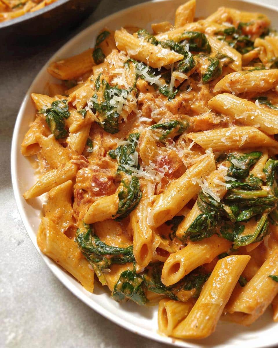 Close-up of penne pasta tossed in a rich, orange-hued sauce with wilted spinach, topped with grated Parmesan cheese, making a delicious Creamy Spinach Pasta.
