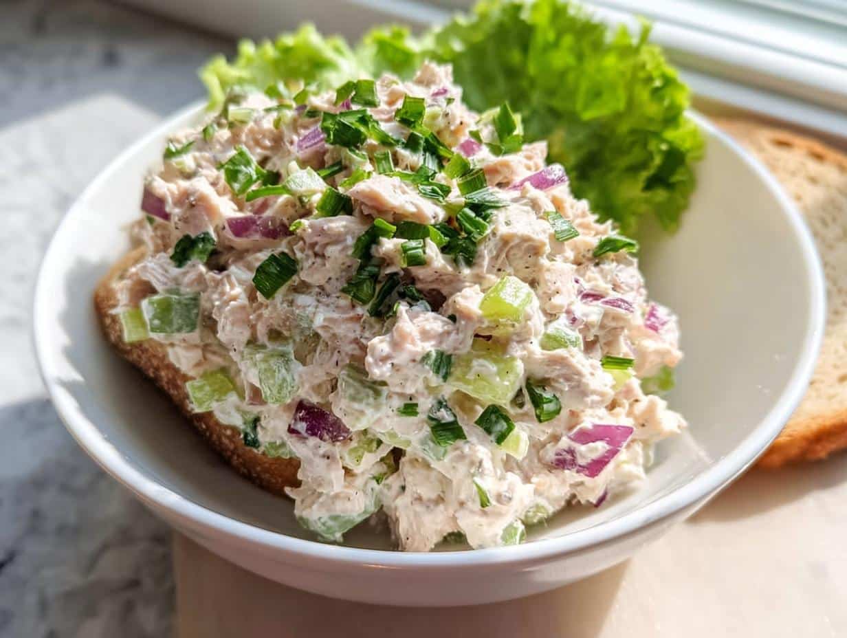 A generous scoop of creamy tuna salad with celery and red onion, topped with chives, served in a white bowl.