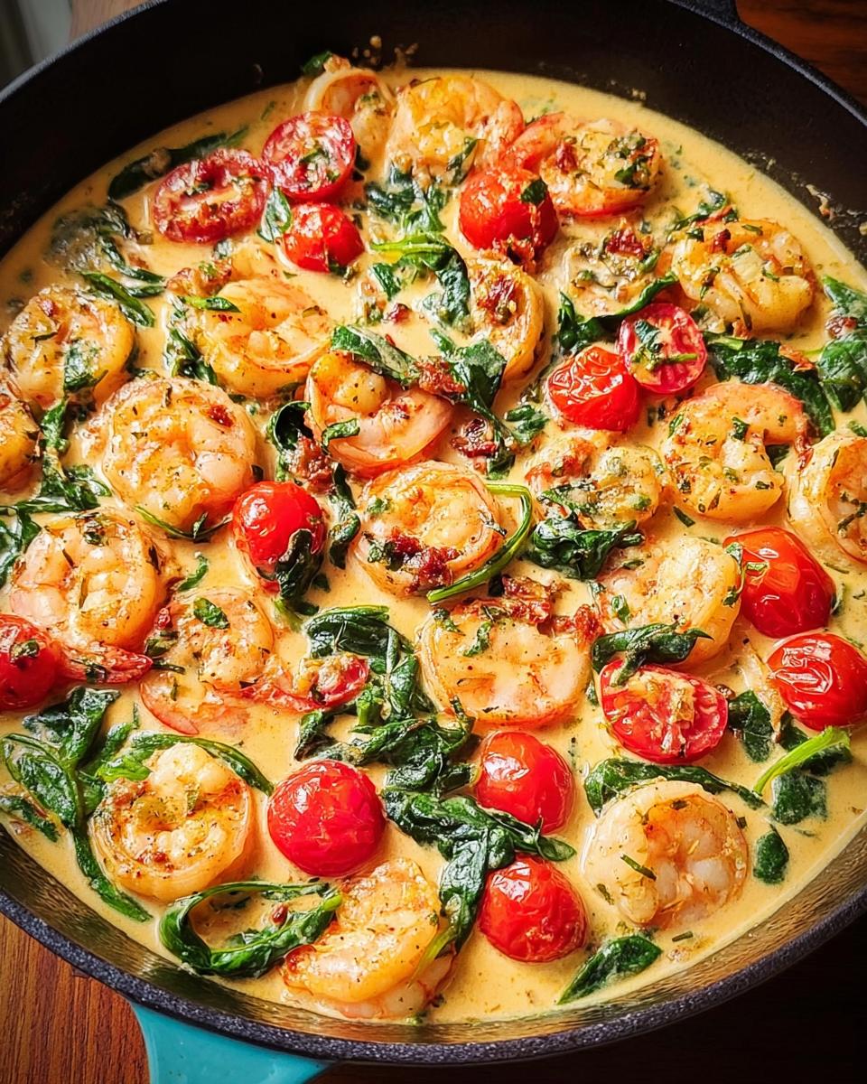 A close-up view of the vibrant Tuscan Shrimp Skillet featuring plump shrimp in a creamy sauce with spinach and cherry tomatoes.