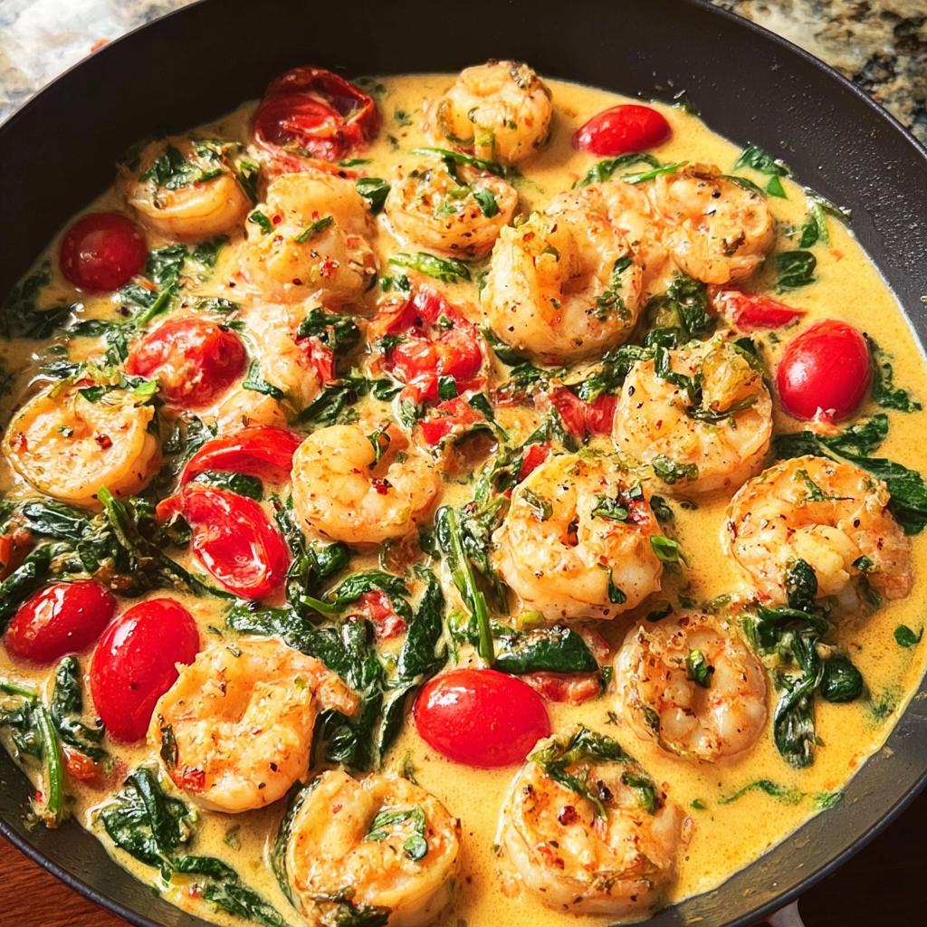 A close-up view of seasoned shrimp simmering in a creamy sauce with spinach and cherry tomatoes in a Tuscan Shrimp Skillet.