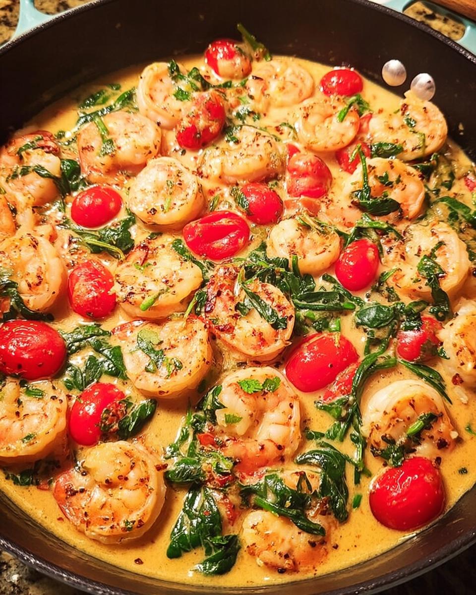 Close-up of creamy Tuscan Shrimp Skillet featuring plump shrimp, cherry tomatoes, and spinach in a rich sauce.