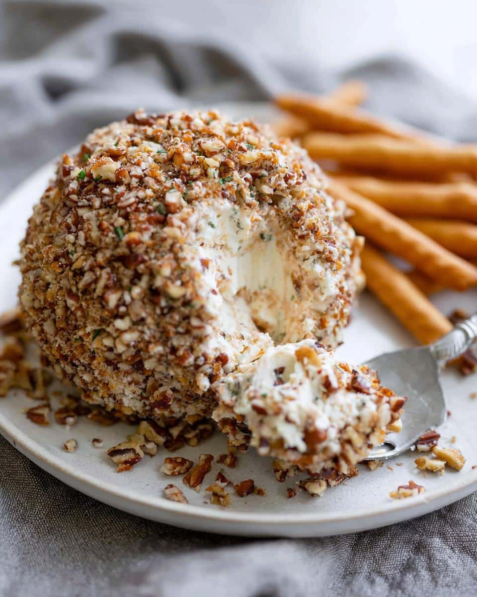 A portion of the Creole Cheese Ball, coated in pecans, being scooped onto a server next to breadsticks.