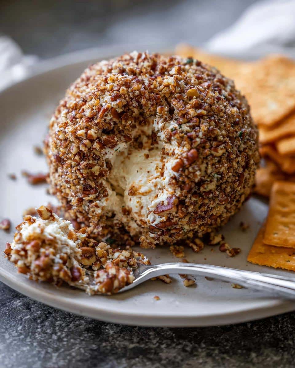 A close-up of the Creole Cheese Ball coated in chopped pecans, with a scoop taken out and resting on a fork.
