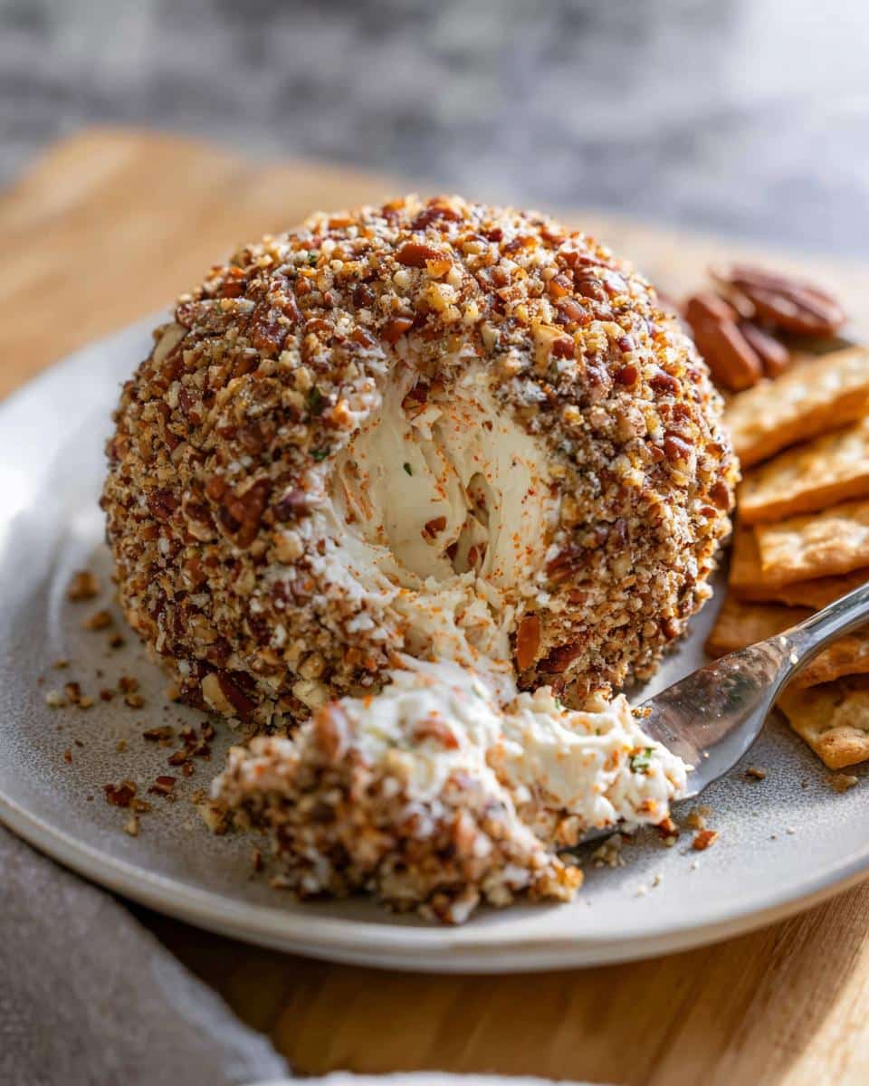 A portion of the Creole Cheese Ball is scooped out, showing the creamy interior and pecan coating, served with crackers.