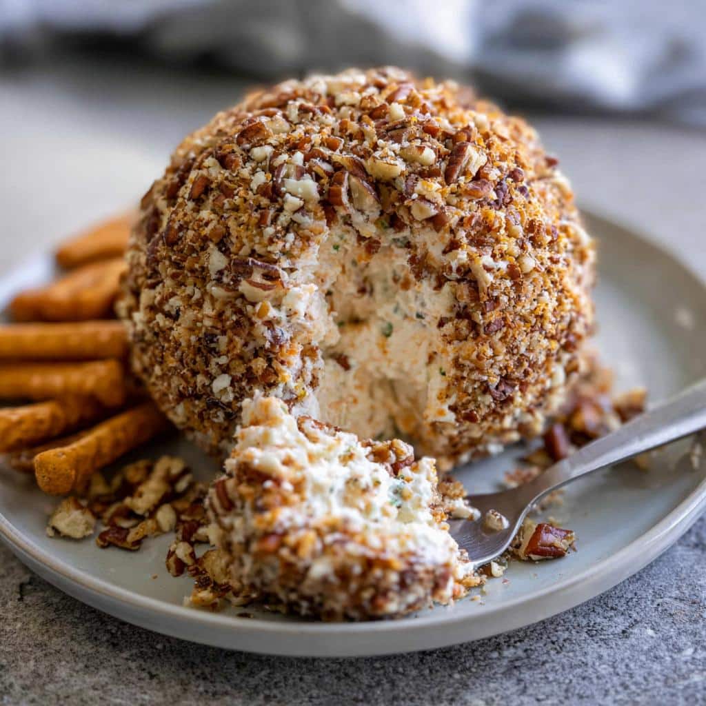 A serving of Creole Cheese Ball coated in chopped pecans, with a portion scooped out onto a fork.
