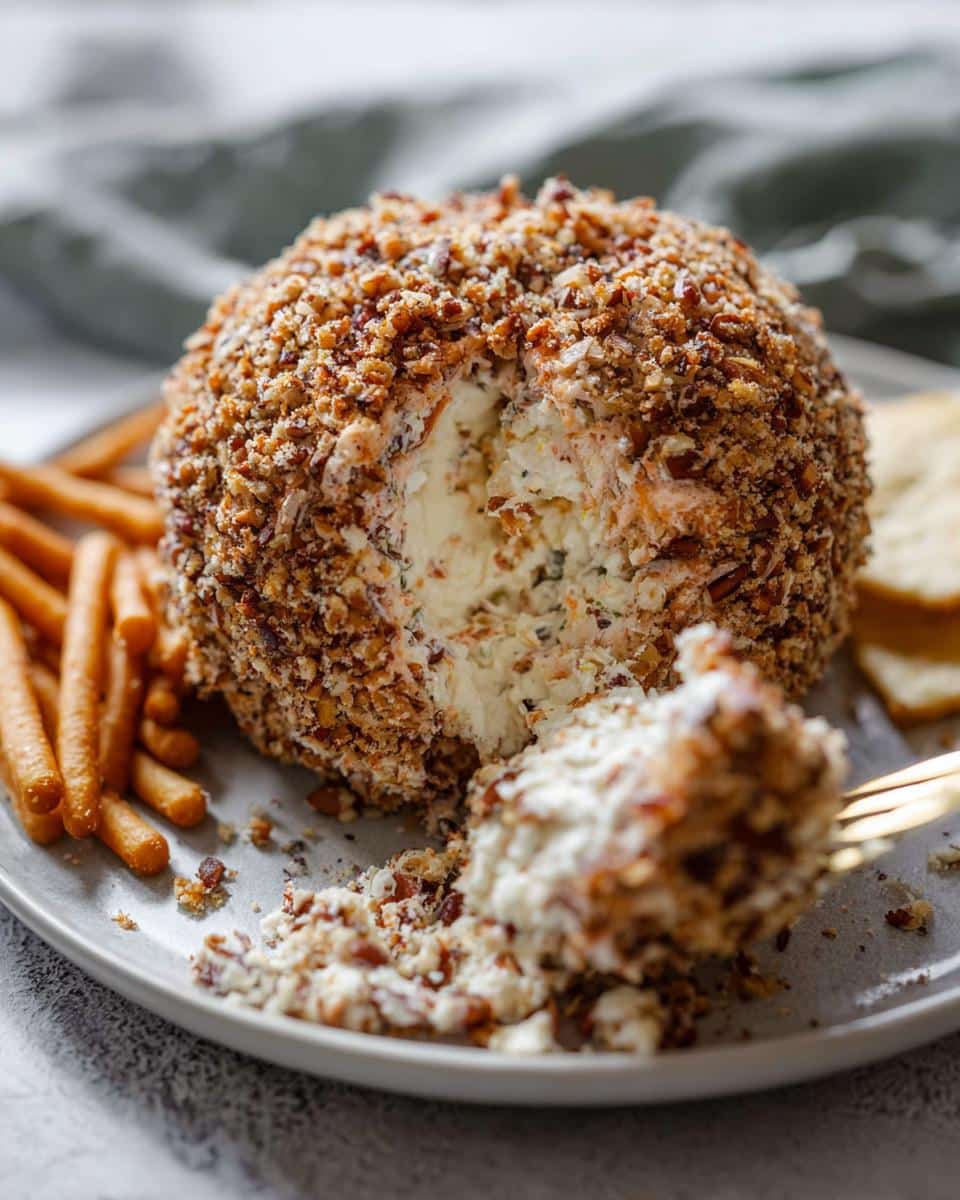 A portion of the Creole Cheese Ball being scooped out with a fork, showing the creamy interior and crunchy pecan coating.