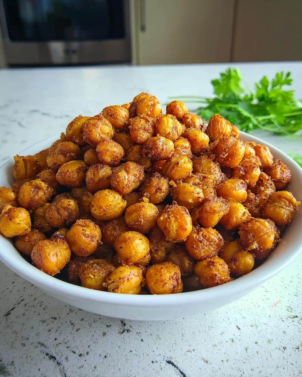 A white bowl overflowing with seasoned, crispy gluten-free chickpeas on a light countertop.