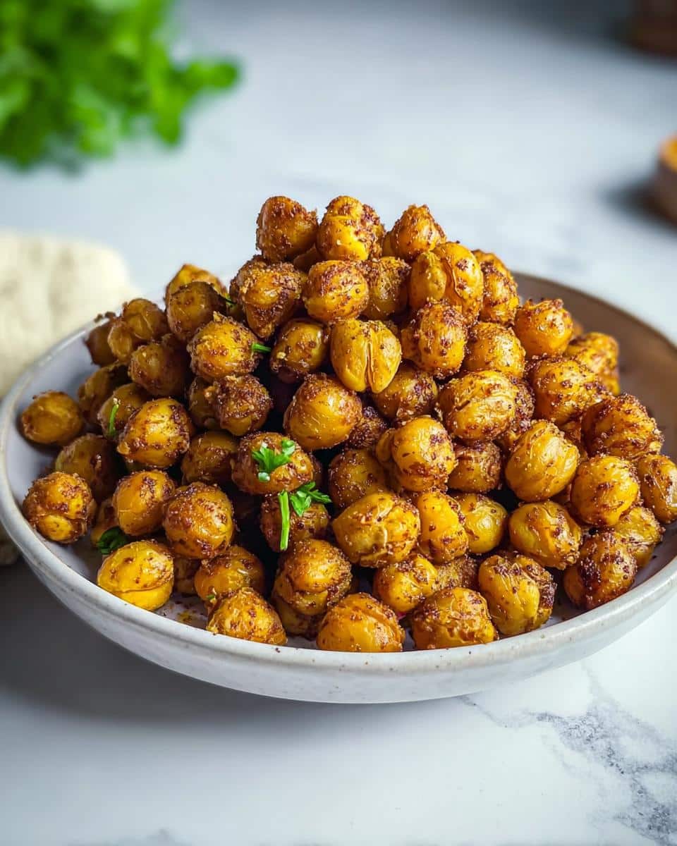 A close-up of a white bowl piled high with golden, seasoned Crispy Gluten-Free Chickpeas.