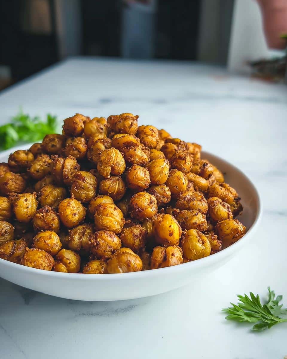 A white bowl overflowing with perfectly seasoned and Crispy Gluten-Free Chickpeas on a white marble surface.
