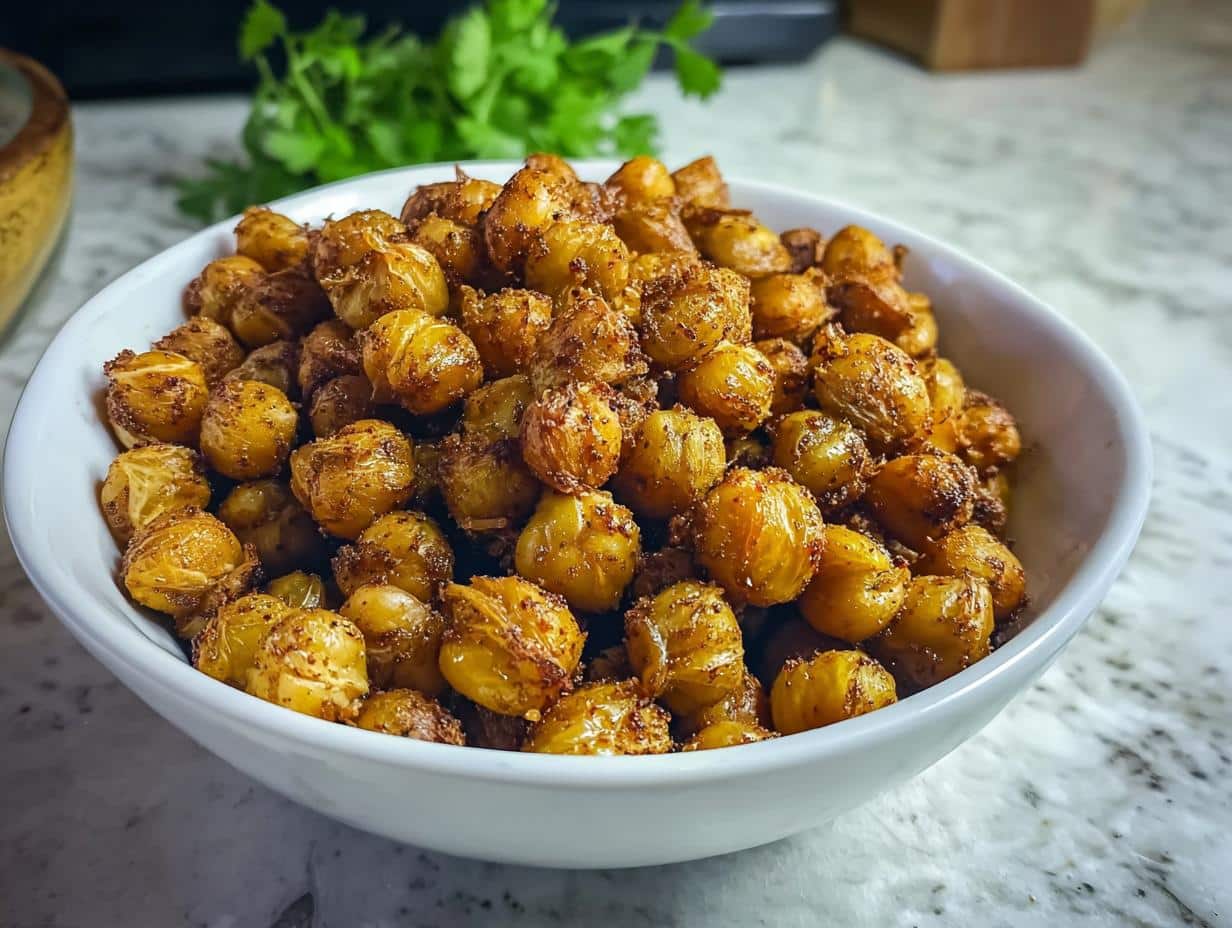 A white bowl filled with perfectly seasoned and Crispy Gluten-Free Chickpeas, with fresh cilantro blurred in the background.