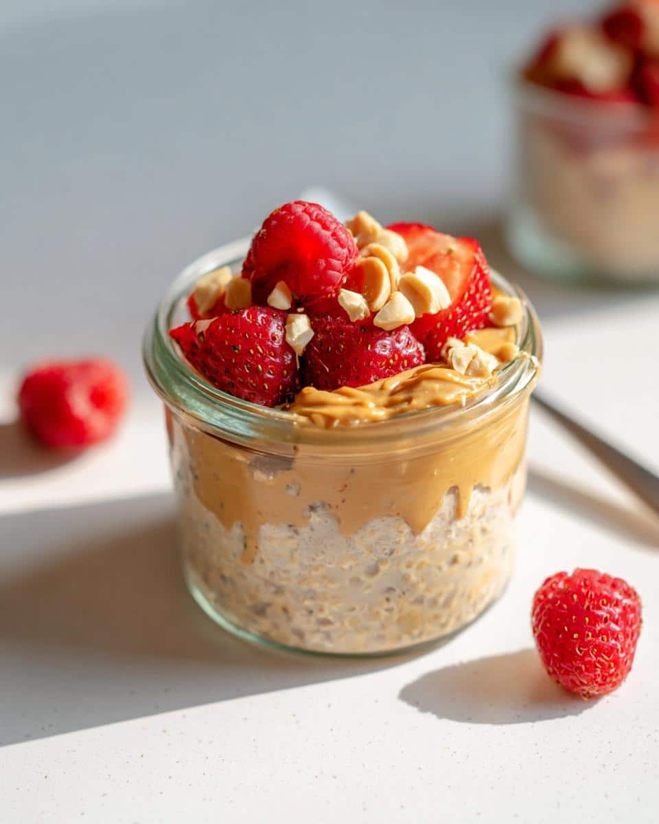 Close-up of dairy free Peanut Butter Overnight Oats topped with strawberries, raspberries, and chopped nuts.