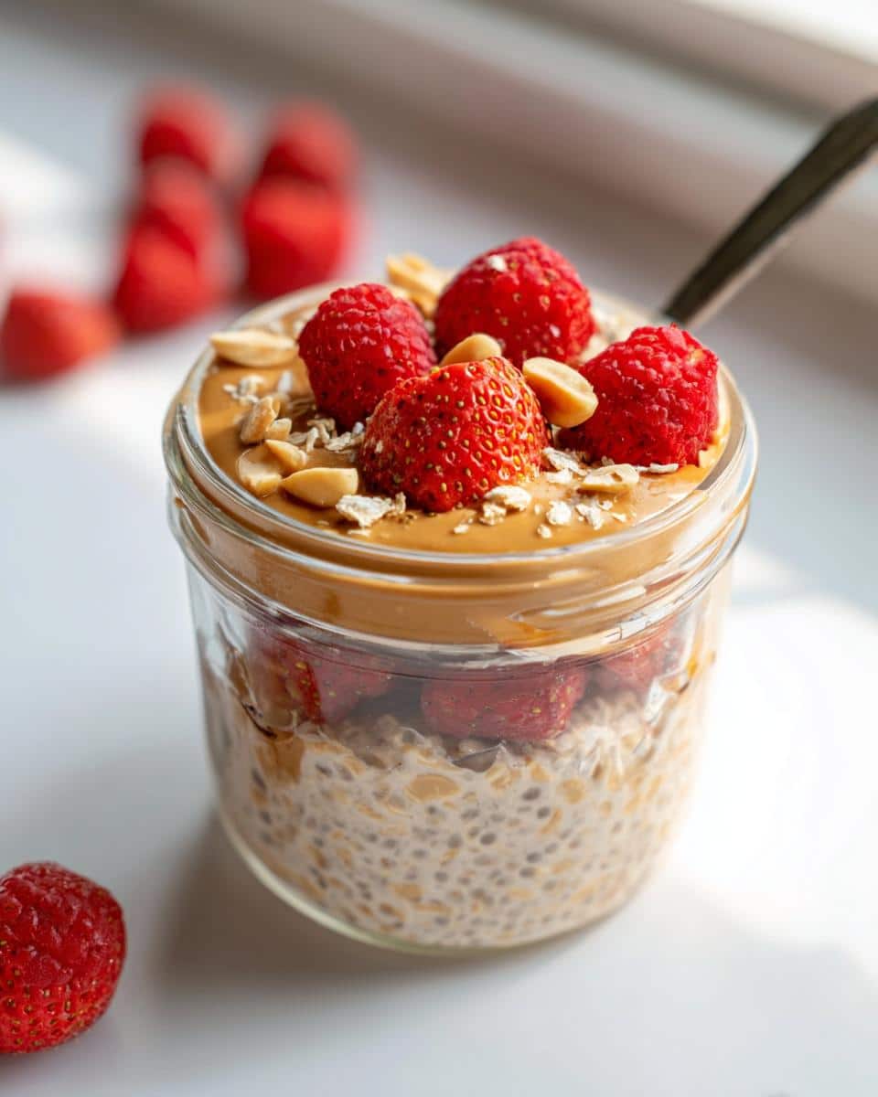 Close-up of Dairy Free Peanut Butter Overnight Oats topped with peanut butter, raspberries, and chopped peanuts.