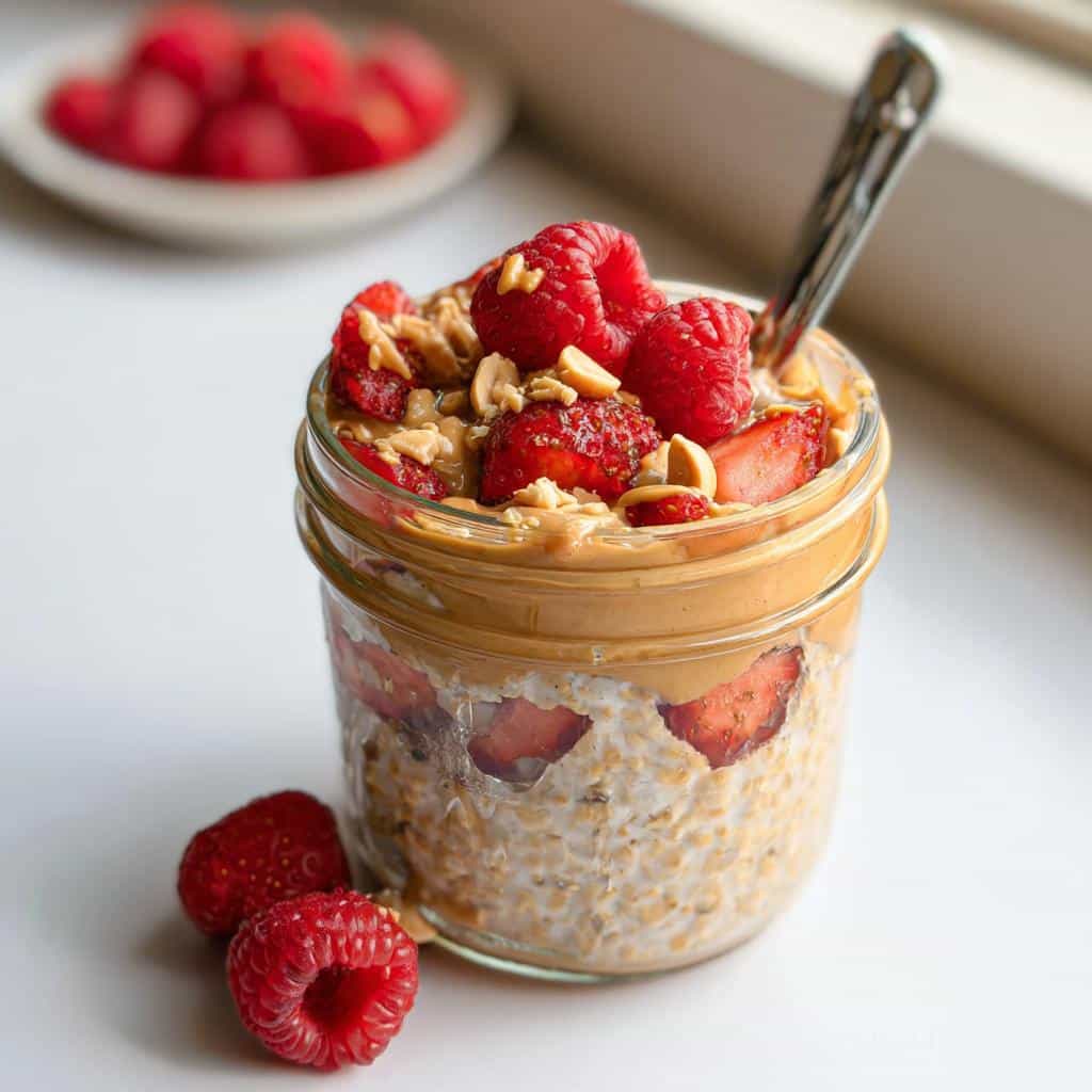 Jar of Peanut Butter Overnight Oats topped with fresh raspberries, strawberries, and chopped peanuts.