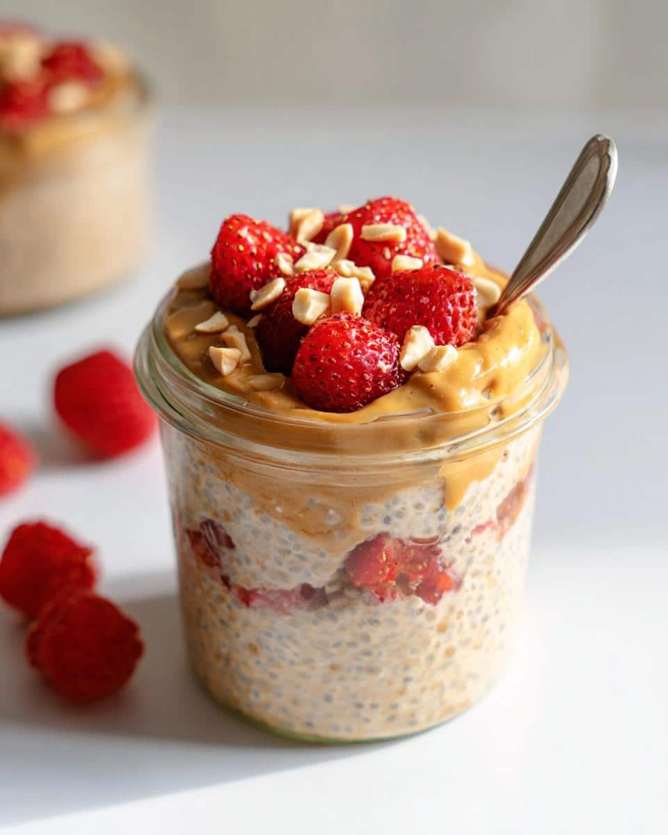 Close-up of dairy free Peanut Butter Overnight Oats topped with fresh strawberries and chopped nuts in a glass jar.